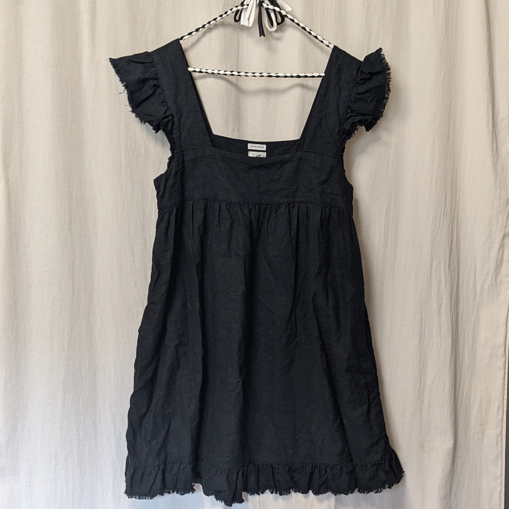 Aerie Flutter Sleeve Babydoll Sundress Black Linen Blend Dress - Pockets